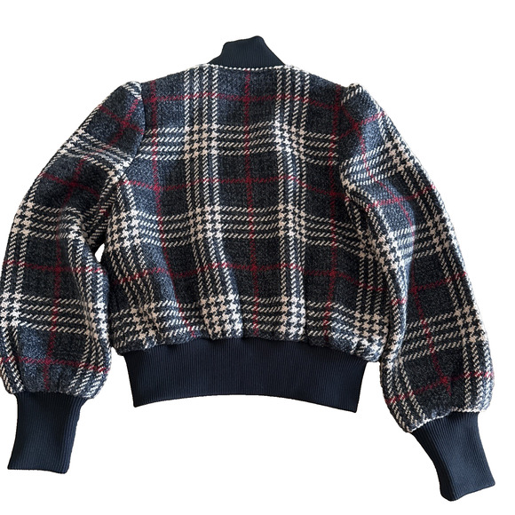 Express x Negin Mersalehi Brown Cream plaid cropped wool blend bomber jacket XS - Picture 6 of 6
